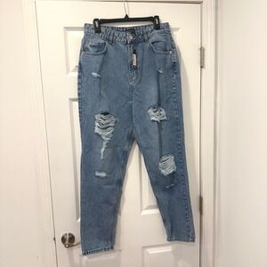 PrettyLittleThing Mid Blue Wash Distressed Mom Jeans US 8 NWT Holes‎ Pockets